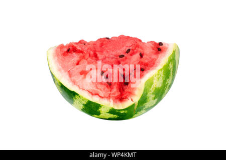 Red watermelon piece on white background isolated close up, sliced water melon with green peel, half cut water-melon, natural fresh ripe juicy fruit Stock Photo