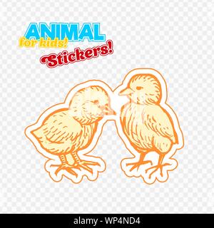 Farm animals chicken in sketch style on colorful sticker. Isolated on transparent background. Can be used for cute coloring book for children. Include silhouette for paper cutting Stock Vector
