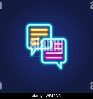 Two Chat bubble simple luminous neon outline colorful icon on blue background. Stock Vector