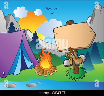 Camping wooden sign on lake shore Stock Vector