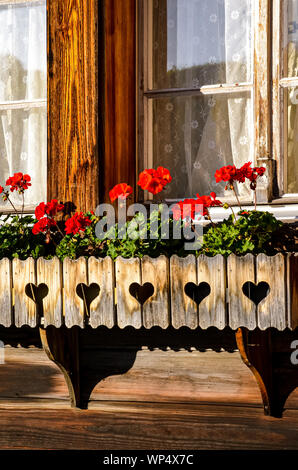 Traditional red geranium flowers in the windows of typical Alpine wooden huts. Austrian wooden chalets. Flower decoration. Tradition, style. Bavaria, Austria, Switzerland. Swiss Alps. Stock Photo