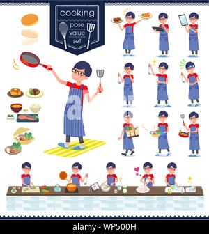 A set of red T-shirt man about cooking.There are actions that are cooking in various ways in the kitchen.It's vector art so it's easy to edit. Stock Vector