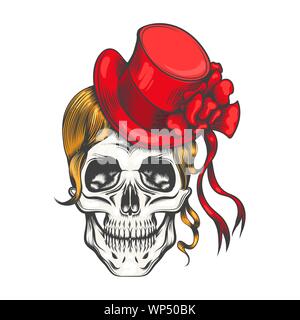 Female Skull with Yellow long hairs in a Red Hat. Vector illustration in tattoo style. Stock Vector