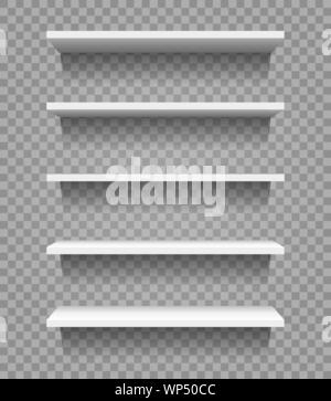 White empty shop shelves isolated on transparent background. Showcase or supermarket mock up. Vector illustration. Stock Vector