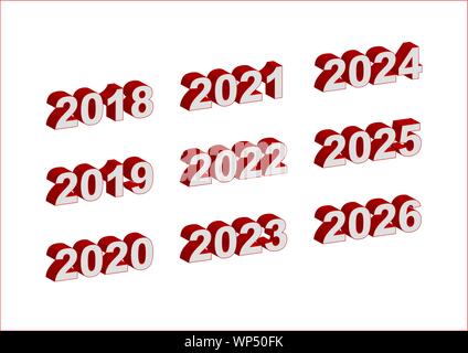 Years 2018 - 2026 in white and red digits, 3D extruded - Vector Stock Vector