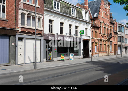 Sint Gillis Waas, Belgium, 30 June 2019. Typical French fries or Belgian chip shop in a village where they also sell Hamburgers Stock Photo