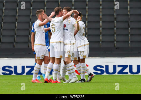 Milton Keynes, UK. 7th Sep, 2019. Rhys Healey celebrates after scoring for MK Dons, to extend their lead making it 2 - 0 against AFC Wimbledon, during the Sky Bet League 1 match between MK Dons and AFC Wimbledon at Stadium MK, Milton Keynes on Saturday 7th September 2019. (Credit: John Cripps | MI News) Editorial use only, license required for commercial use. Photograph may only be used for newspaper and/or magazine editorial purposes Credit: MI News & Sport /Alamy Live News Stock Photo