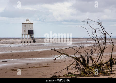 Burnham on Sea lighthouse with a dead bush washed ashore in the foreground. Stock Photo