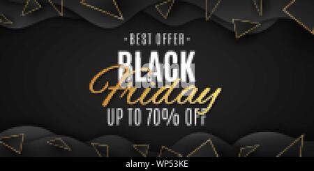 Geometric design for Black Friday. Wave and polygonal shapes. Grand sale. Golden and black triangles. Banner in liquid style for your business project Stock Vector