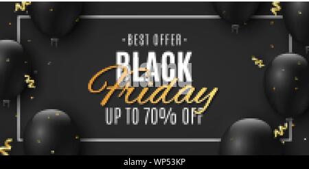 Black Friday banner. Black balloons and gold confetti and serpentine. Stylish lettering in frame. Seasonal shopping. Grand sale. Vector illustration. Stock Vector