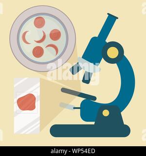 Blood sample under a microscope showing red blood cells with sickle red cells. Microscope slide with blood sample. Stock Vector