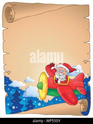 Parchment with Santa Claus in plane Stock Vector