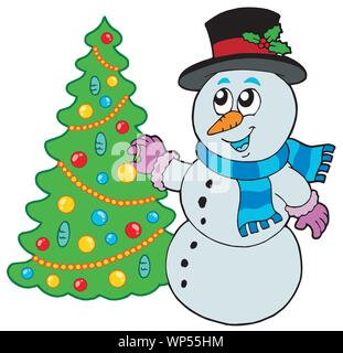 merry christmas pine tree with snowman character vector illustration ...