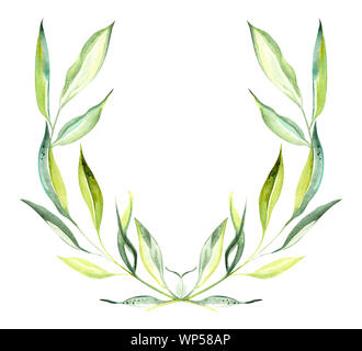 Illustration of an olive branch in the form of a colored floral wreath with leaves, fruits of a rectangular shape on an isolated white background Stock Photo