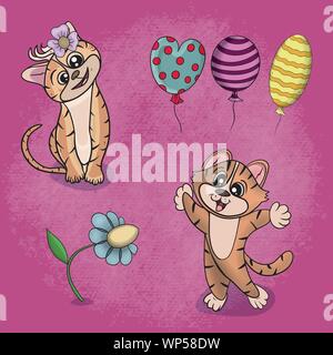 Vector illustration of an animal cat playing on the grass among flowers and balloons on a textured background Stock Vector
