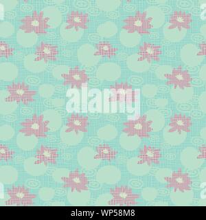 seamless vector pattern with pink water lilies floating on water Stock Vector