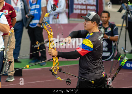 Moscow, Russia, 07 September 2019. MOSCOW HYUNDAI ARCHERY WORLD CUP, men from different countries compete in archery. Athlete from Colombia. Stock Photo