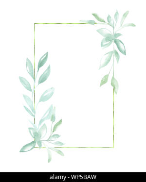 Illustration of a plant branch in the form of a colored floral frame of leaves, rectangular shape on an isolated white background Stock Photo