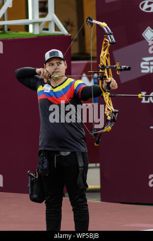 Moscow, Russia, 07 September 2019. Moscow stage of the world Cup in archery, men from different countries compete in archery. Athlete from Colombia. Stock Photo