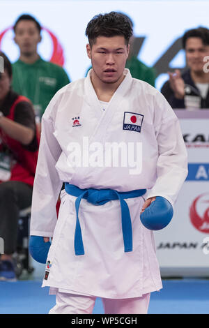 Tokyo, Japan. 7th Sep, 2019. Daiki Ando of Japan (blue) fights against Angel Georgieff of Australia (red) during the Repechage of Male Kumite's 84  kg category at Karate1 Premier League Tokyo 2019. The Karate1 Premier League is held from September 6 to 8 at the Nippon Budokan. The KarateÂ will make its debut appearanceÂ at the Tokyo 2020 Summer Olympic Games. Daiki Ando won the bout. Credit: Rodrigo Reyes Marin/ZUMA Wire/Alamy Live News Stock Photo