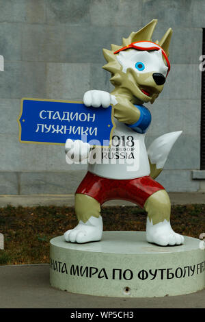 Moscow, Russia - September, 06, 2019: the official mascot of the world Cup FIFA 2018 in Russia, the wolf mascot Zabivaka. Luzhniki sports complex Stock Photo