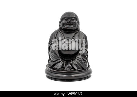 Fat and cheerful seated buddha statue on white background. Stock Photo