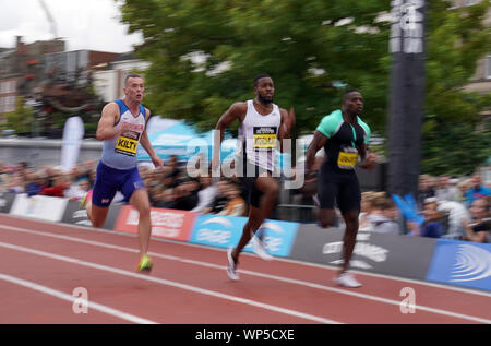 150M winner Great Britain's Nethaneel Mitchell Blake (centre) and Richard Kilty (left) during the Great City Games in Stockton. Stock Photo