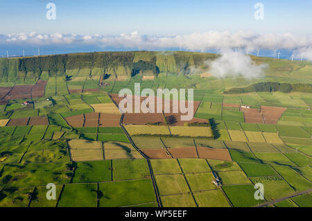 aerial views on the typical abstract countryside of the east of Terceira Island, one of the islands of the Açores (Azores) archipelago with the Serra Stock Photo