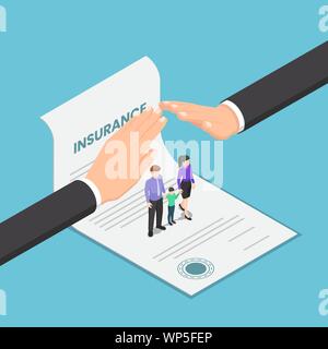 Flat 3d isometric big businessman hand protect the family that standing on insurance document. Family and health insurance services concept. Stock Vector