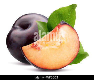 plum with leaves and plum slice isolated on a white background. Stock Photo