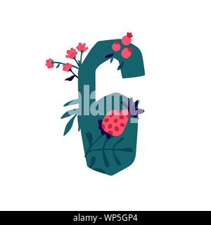 Number 6 in flowers and plants. Vector. Number in decorative elements for inscriptions. Company logo. Poster or monogram. Health and beauty. Eco produ Stock Vector