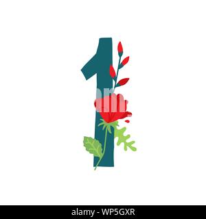 Number 1 in flowers and plants. Vector. Number in decorative elements for inscriptions. Company logo. Poster or monogram. Health and beauty. Eco produ Stock Vector