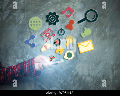 Woman hands with icon of media screen. Multimedia and technology concept. Stock Photo