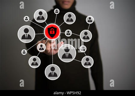 Young man pressing modern social buttons on a virtual background. Stock Photo