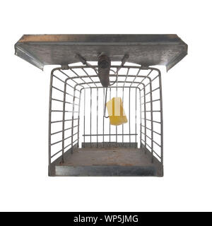 Humane type mousetrap, front view looking inside, isolated on white background, set with cheese to trap rodent. Or concept. Stock Photo