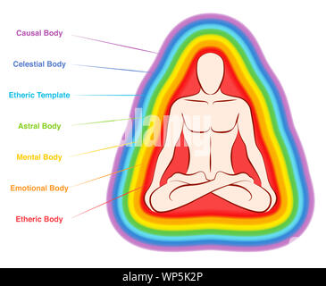 Aura bodies. Rainbow colored labeled layers of a male body. Etheric, emotional, mental, astral, celestial and causal layer. Stock Photo