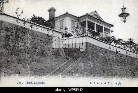 [ 1900s Japan - Western-Style Hotel in Nagasaki ] —   Hotel du Japan (also known as The Japan Hotel) in Nagasaki’s foreign settlement in Oura, in between the English and American consulates. It was the city’s first hotel managed by Japanese.  Located at No.25 Oura, the Japan Hotel was founded by Shintaro Shimizu (清水新太郎) in 1899 (Meiji 32). It was one of the most popular Western-style hotels in Nagasaki until it was destroyed by fire in December 1937 (Showa 12).   20th century vintage postcard. Stock Photo