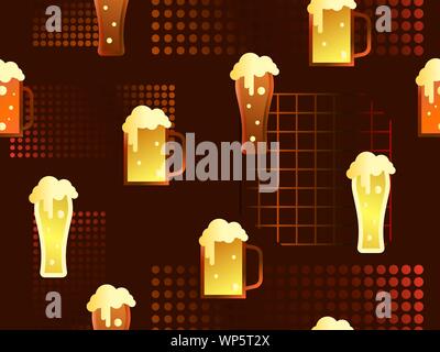 Glass of beer seamless pattern in 80s memphis style. Alcohol party. Geometric shapes with gradient. Vector illustration Stock Vector