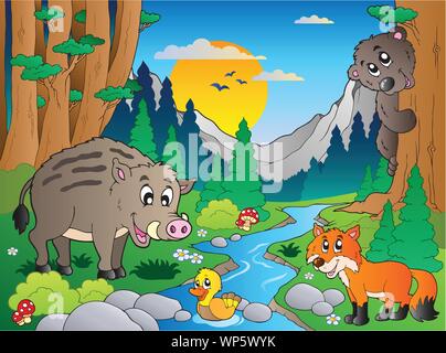 Forest scene with various animals 3 Stock Vector