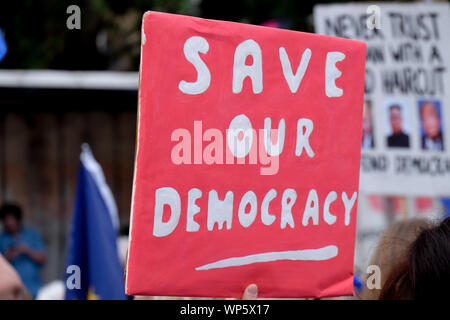 Westminster, London, UK. 7th Sep, 2019. Different groups of pro and anti Brexit demostrators in Westminster. Credit: Matthew Chattle/Alamy Live News Stock Photo