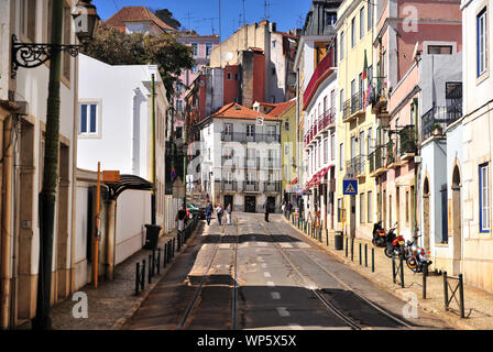 Lisbon, Portugal - March 16: View of the street in Alfama district, Lisbon. Stock Photo