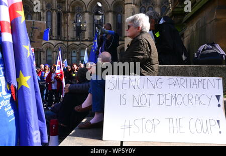 A protest to oppose Brexit and the suspension of Parliament in the run up to Brexit in Albert Square, Manchester, uk, on September 7th, 2019,  one of many protests taking place throughout the uk on the same day. Stock Photo