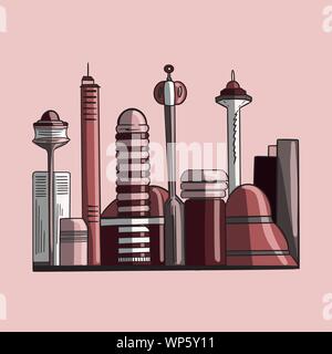 Vector color illustration of futuristic outlines of skyscrapers of the city of the future on the pink background Stock Vector
