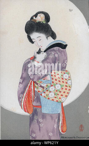 [ 1900s Japan - Illustration of  Japanese Woman Holding Cat ] —   Artwork showing a woman in kimono and traditional hairstyle holding a cat.  The title says, “Merchant’s Daughter.” By Toshikata Mizuno (水野年方, 1866–1908).  20th century vintage postcard. Stock Photo