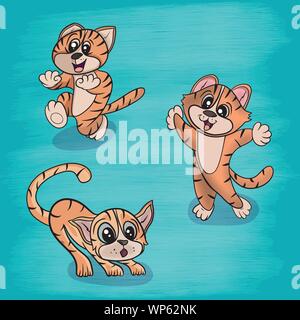 Vector illustration of an animal cat playing on the grass among flowers and balloons on a textured background Stock Vector