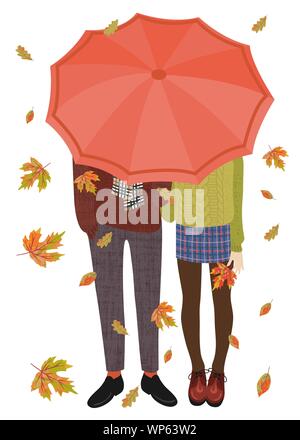 Hello, Autumn. Vector flat illustration of a couple of teenagers under the umbrella and falling autumn leaves on a white background Stock Vector