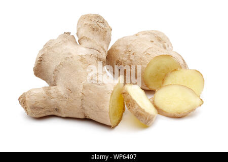 Fresh ginger root with slices isolated on white background Stock Photo