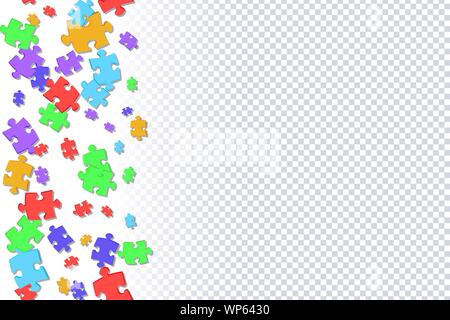Seamless pattern scattered colored puzzles. Abstract horizontal frame of scattered colored puzzles on transparent background. Vector illustration Stock Vector