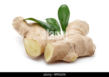 Fresh ginger root and green leaves isolated on white background Stock Photo