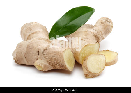 Fresh ginger root with slices and leaf isolated on white background Stock Photo